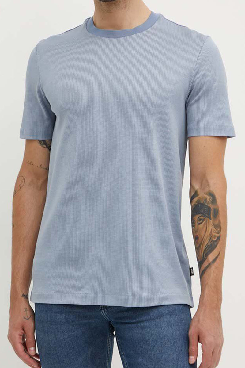 BOSS - H-TIBURT 431 - Open Blue Textured T-shirt in Mercerised Cotton –  Harveys Menswear