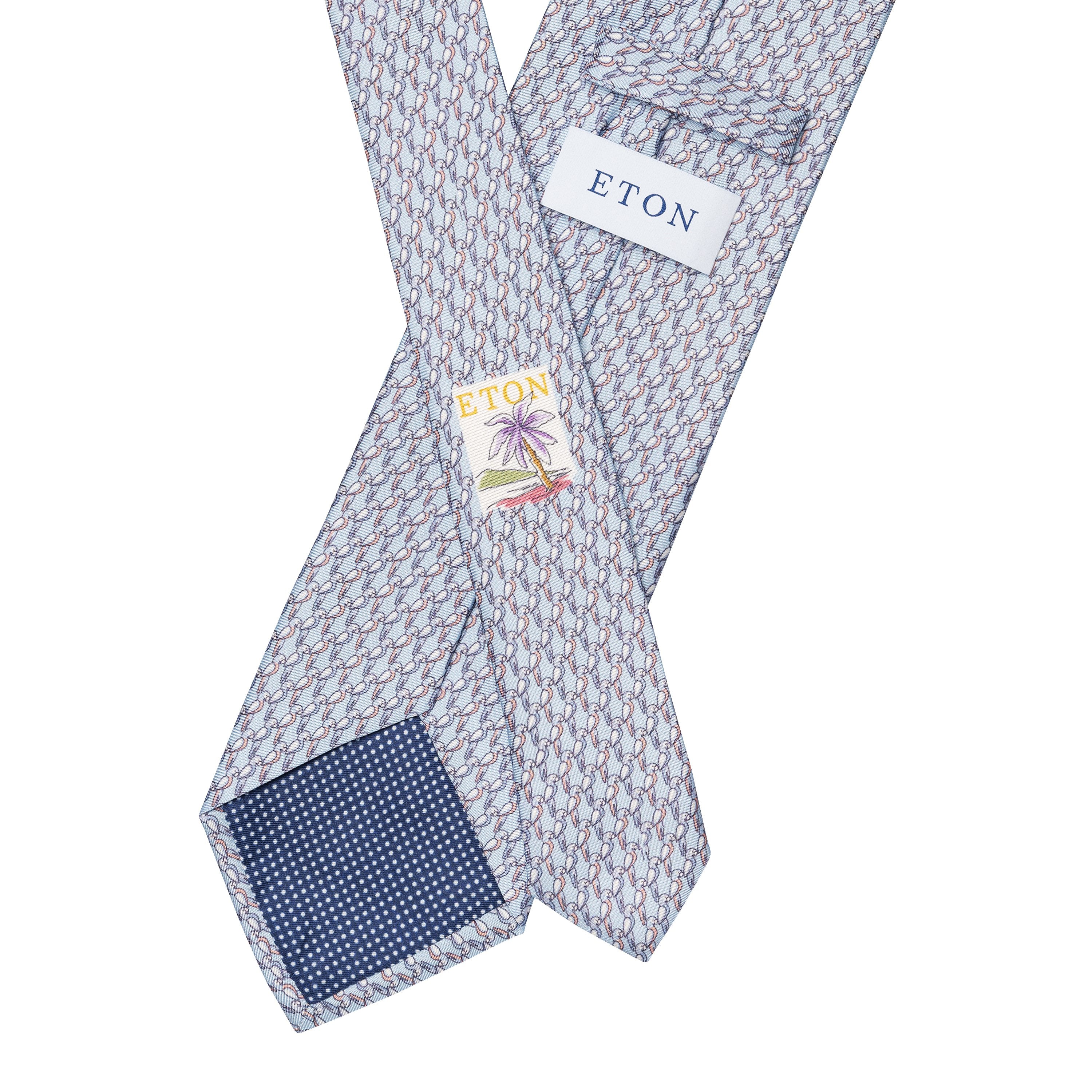 ETON - Parrot Motif Print Silk Tie in Light Blue