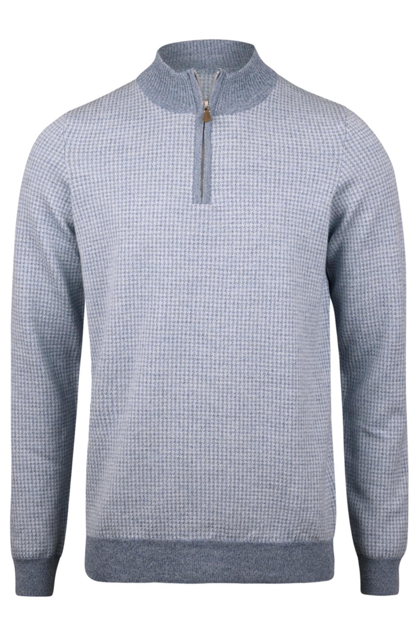 STENSTROMS - Light blue Houndstooth Patterned Merino Wool Half Zip 4202961355903