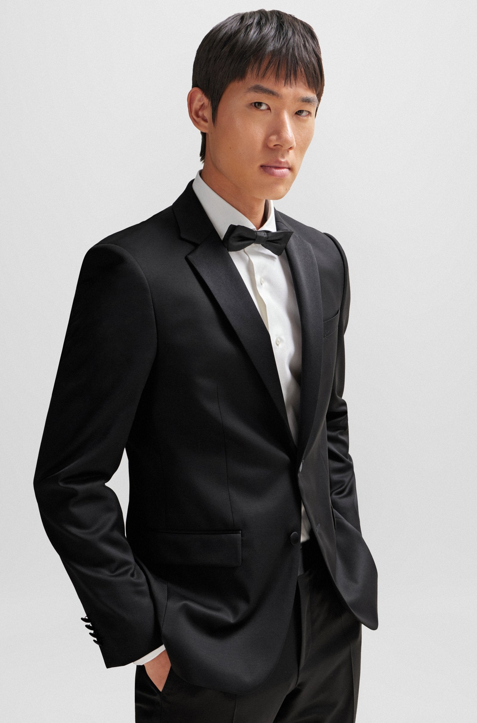 BOSS - H-HUGE-TUX Slim Fit Tuxedo Jacket In Virgin-Wool in Black 50469191 001