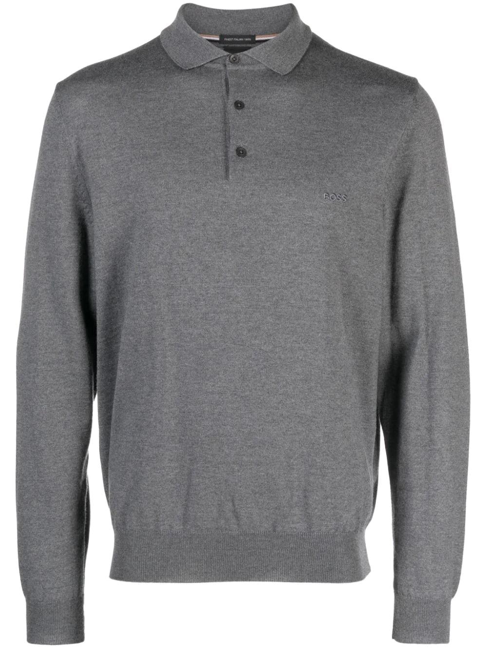 BOSS - BONO-L Medium Grey Long Sleeved Knitted Polo In Virgin Wool 50476357 030