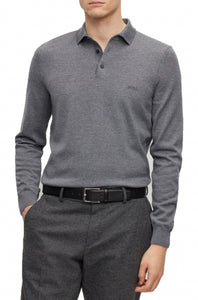 BOSS - BONO-L Medium Grey Long Sleeved Knitted Polo In Virgin Wool 50476357 030