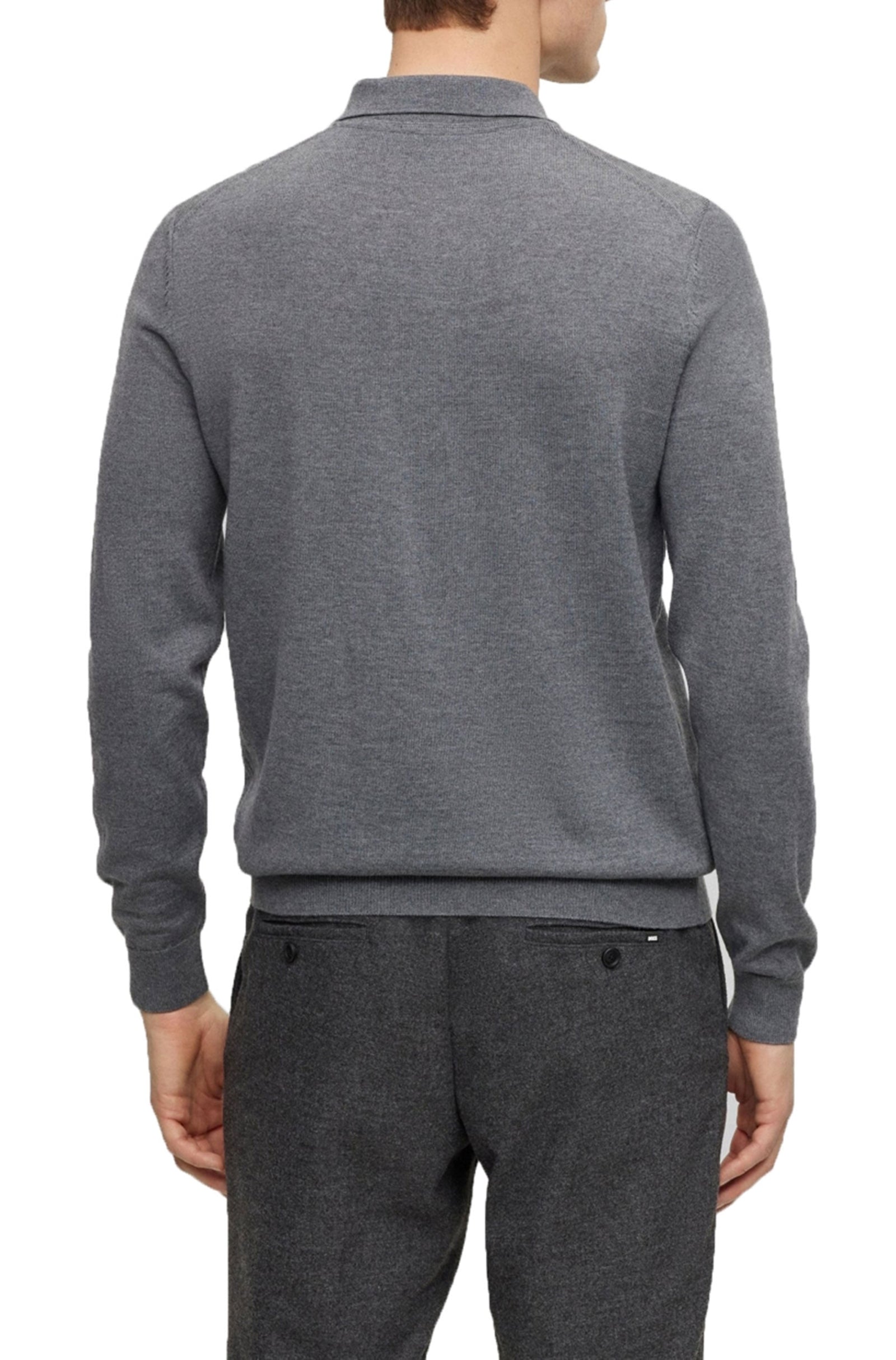 BOSS - BONO-L Medium Grey Long Sleeved Knitted Polo In Virgin Wool 50476357 030