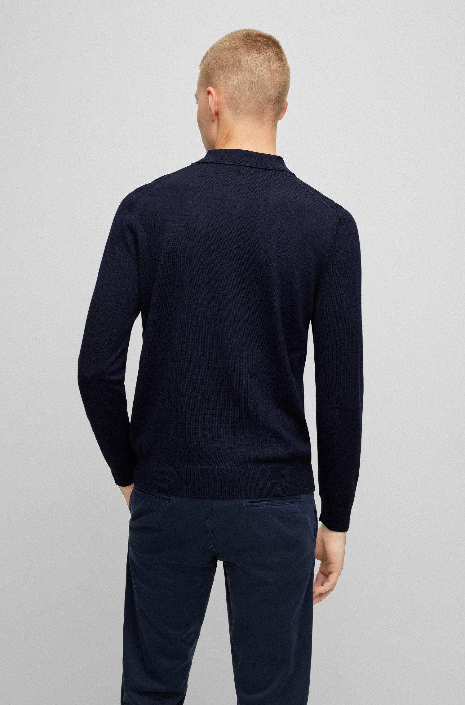 BOSS - BONO-L Dark Blue Long Sleeved Knitted Polo In Virgin Wool 50476357 404