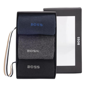 BOSS - 3 Pack of Regular-Length Socks In Gift Box In Navy, Black and Grey 50484005 963