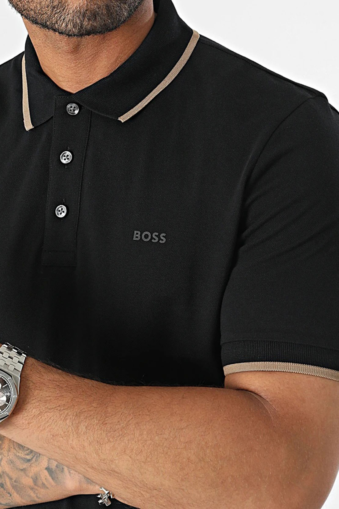 BOSS - PARLEY 190 Black Logo Embossed Cotton Pique Polo Shirt 