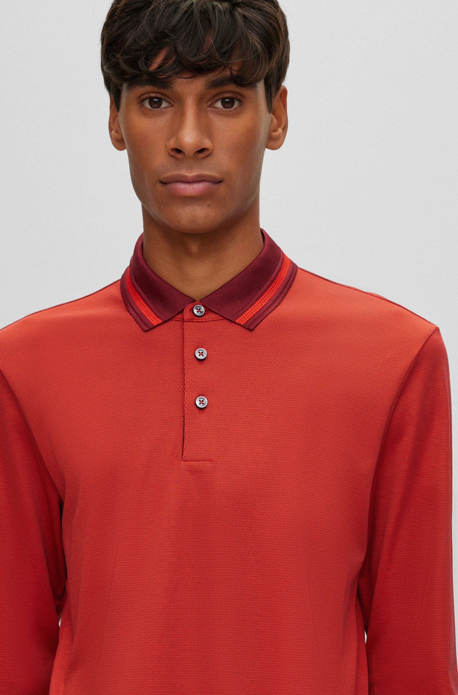 Long sleeve red shop polo shirt mens