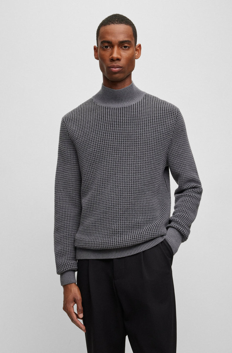 BOSS - MAURELIO Grey Mock Neck Sweater In Structured Wool Blend 505006 ...
