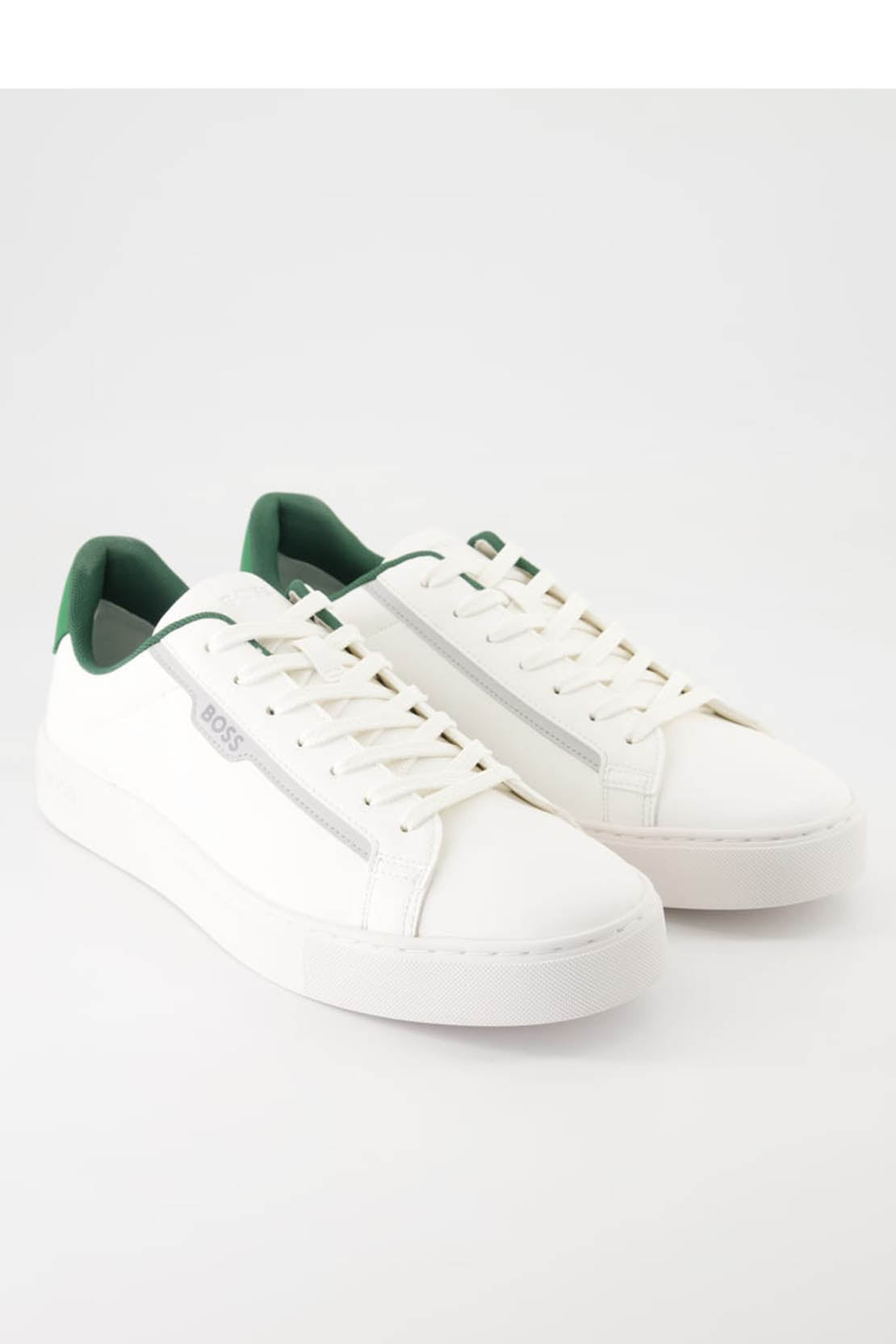 BOSS - RHYS_TENN Faux Leather Cupsole Trainers in White With Green Trim Detail 50502869 103