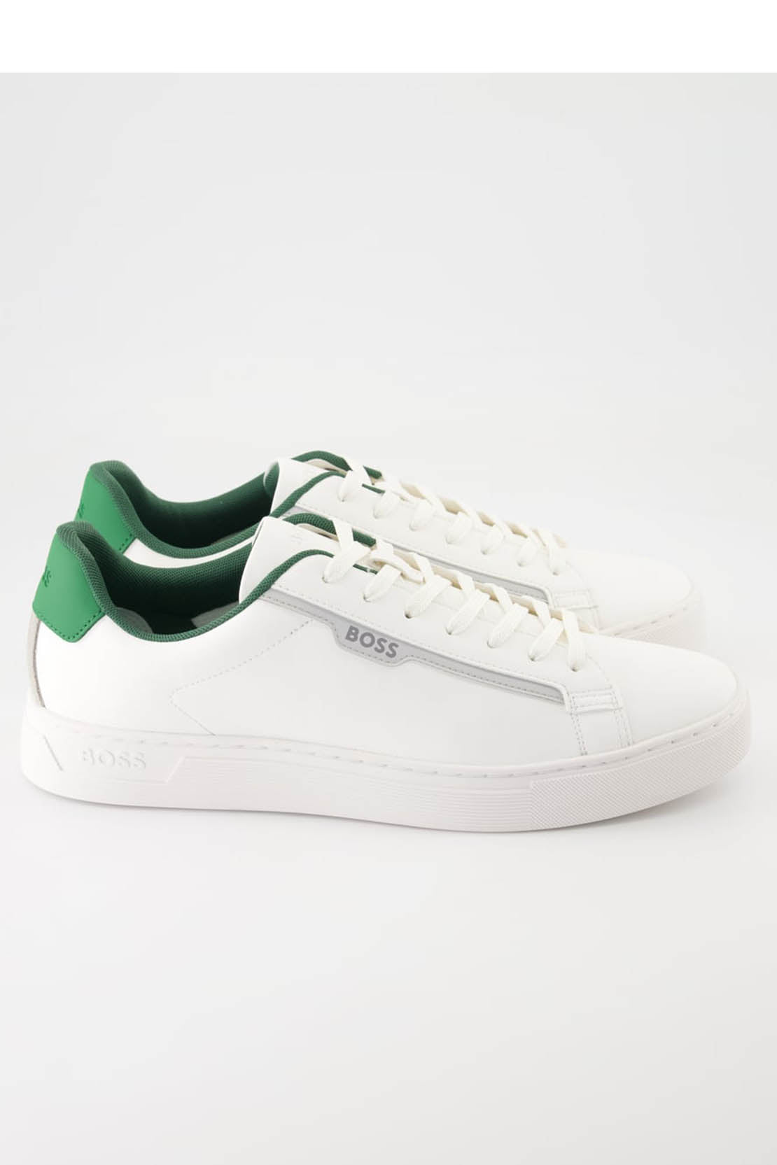 BOSS - RHYS_TENN Faux Leather Cupsole Trainers in White With Green Trim Detail 50502869 103