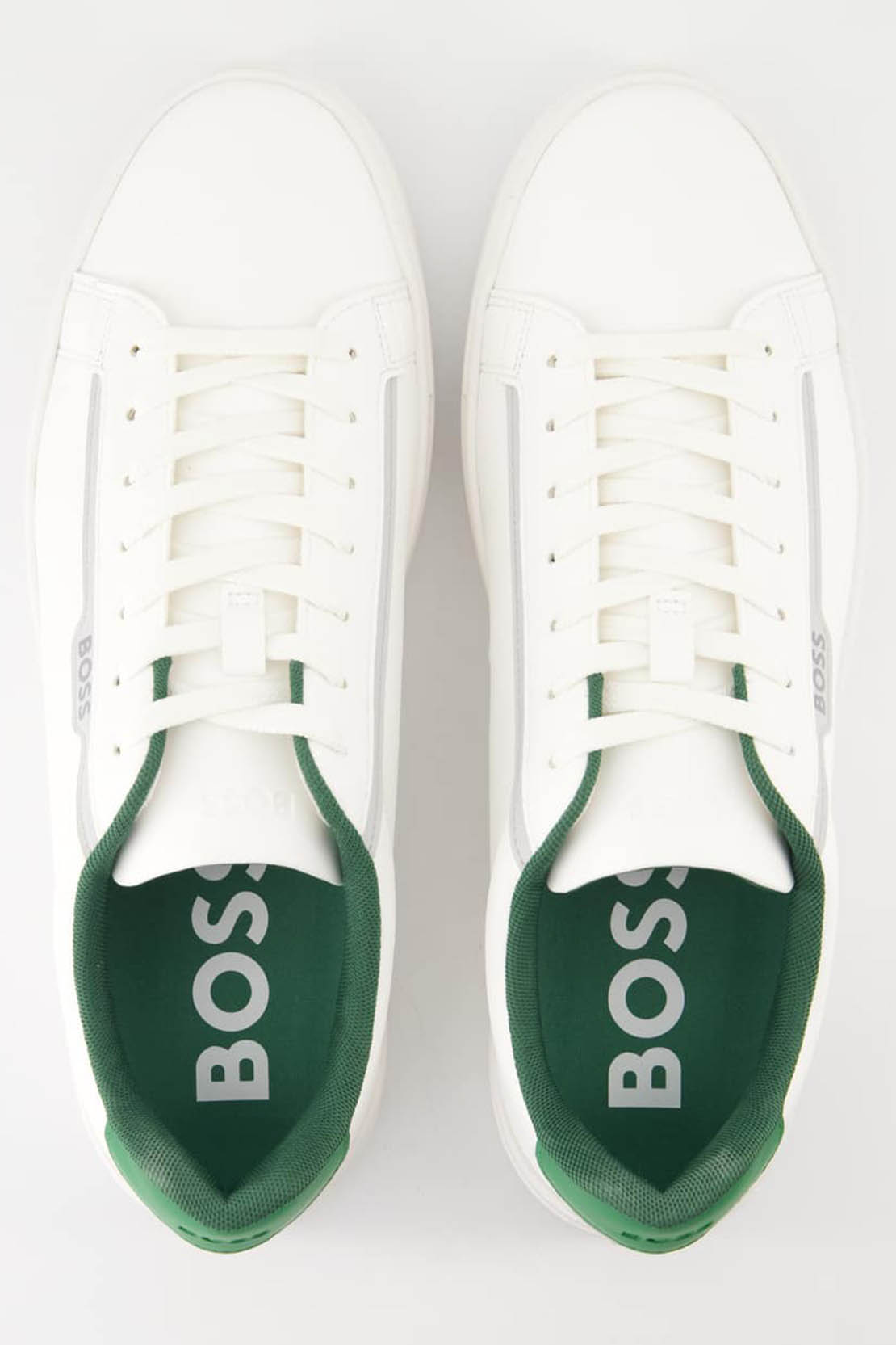 BOSS - RHYS_TENN Faux Leather Cupsole Trainers in White With Green Trim Detail 50502869 103