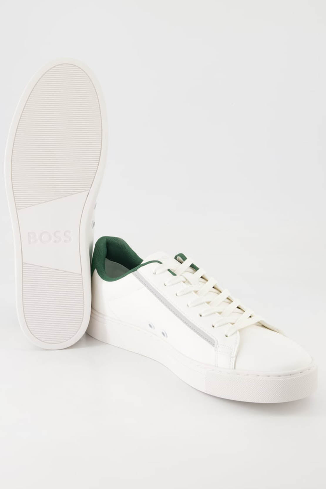 BOSS - RHYS_TENN Faux Leather Cupsole Trainers in White With Green Trim Detail 50502869 103