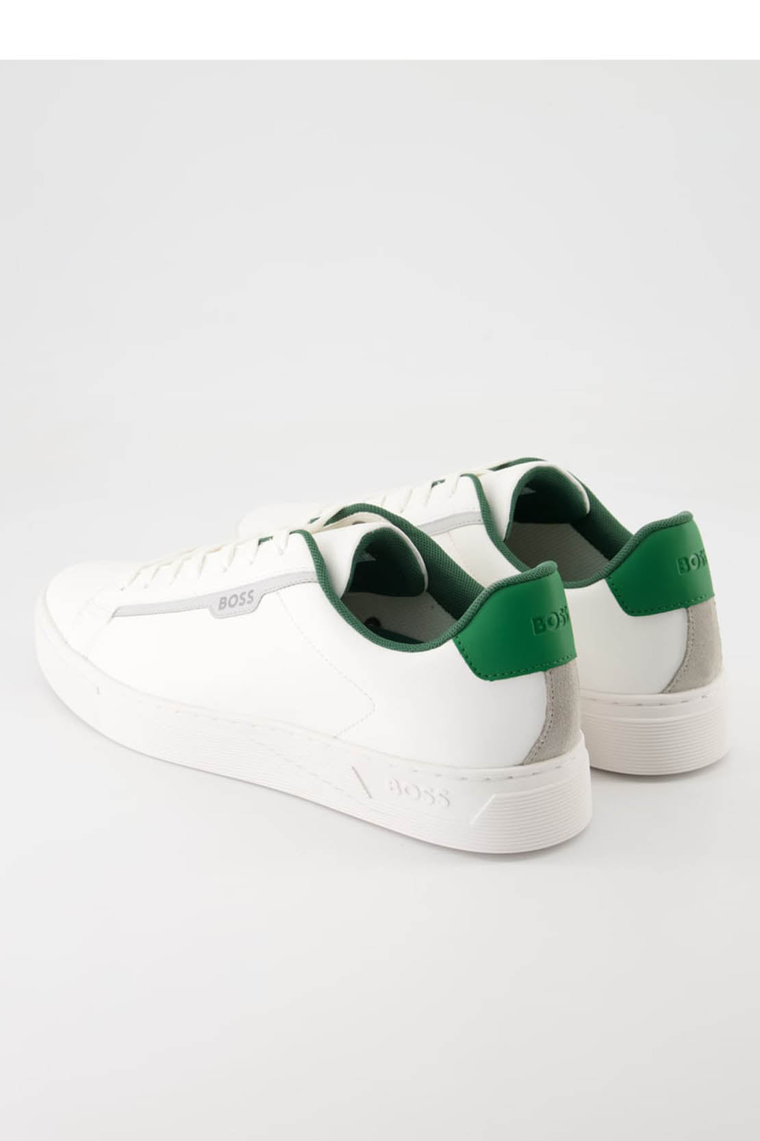 BOSS - RHYS_TENN Faux Leather Cupsole Trainers in White With Green Trim Detail 50502869 103