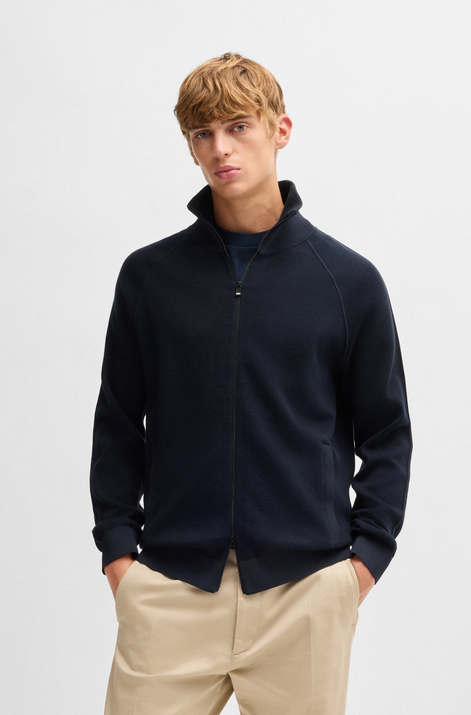 BOSS - H-DOMICO Full Zip Cardigan In Cotton & Virgin Wool in Dark Blue 50519629 404