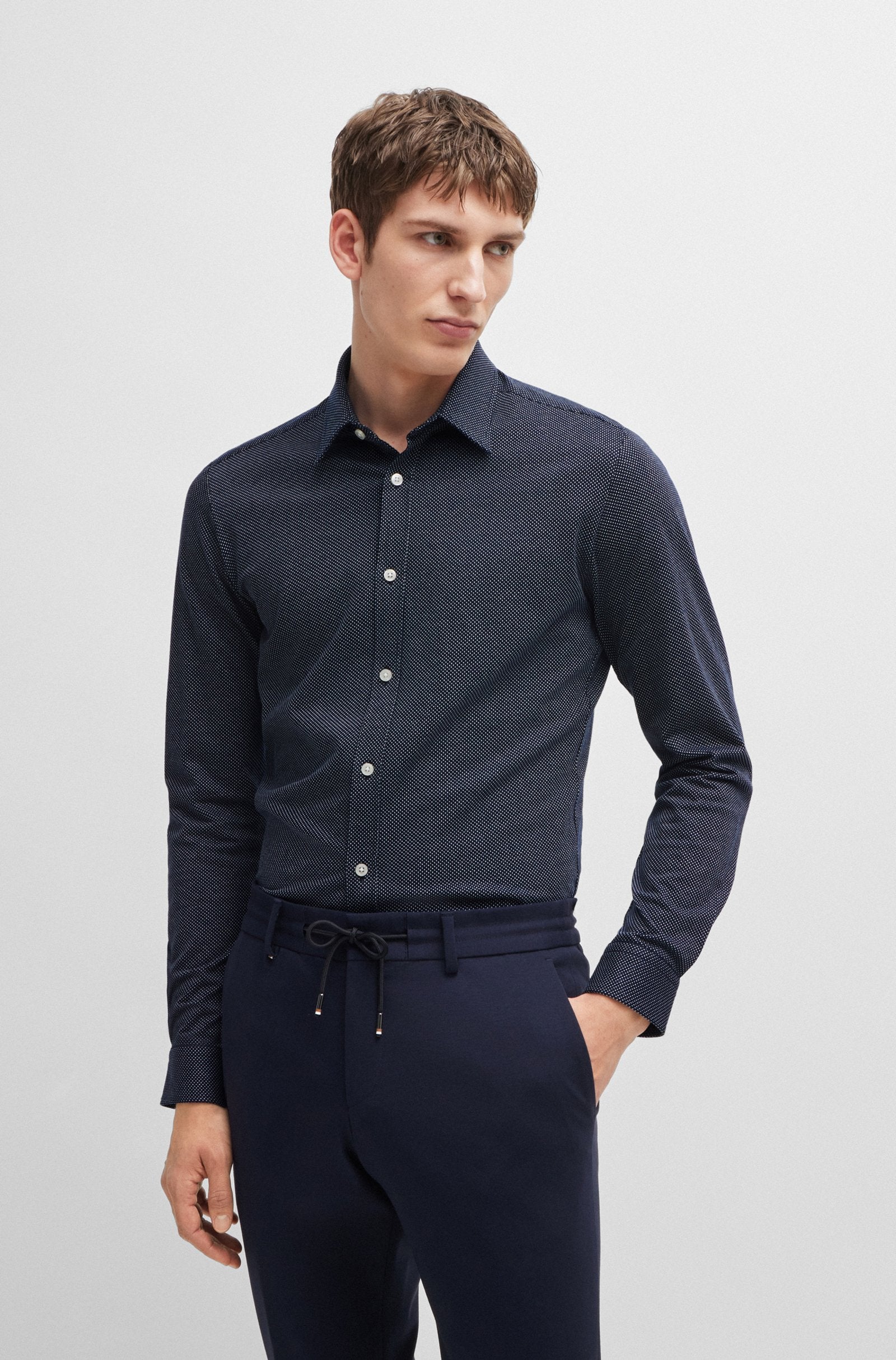 BOSS - ROAN Navy Blue Slim Fit Shirt In Structured Cotton Jersey 50522639 412