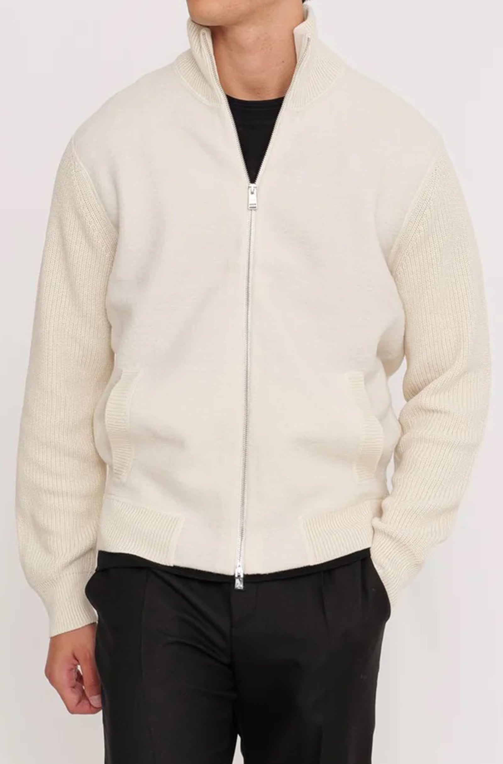 BOSS - H-EMERAVIGLIO Open White Mixed-Structure Full Zip Cardigan 50526839 131