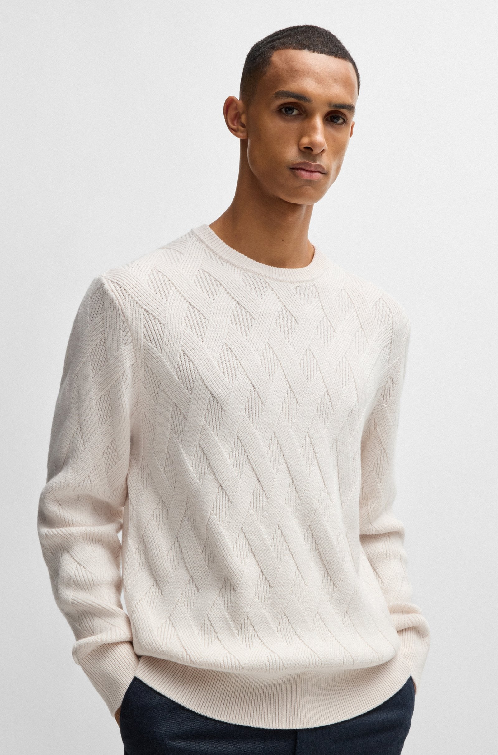 BOSS - H-ELFREDO Open White Virgin-Wool Regular-Fit Sweater With Knitted Structure 50526895 131