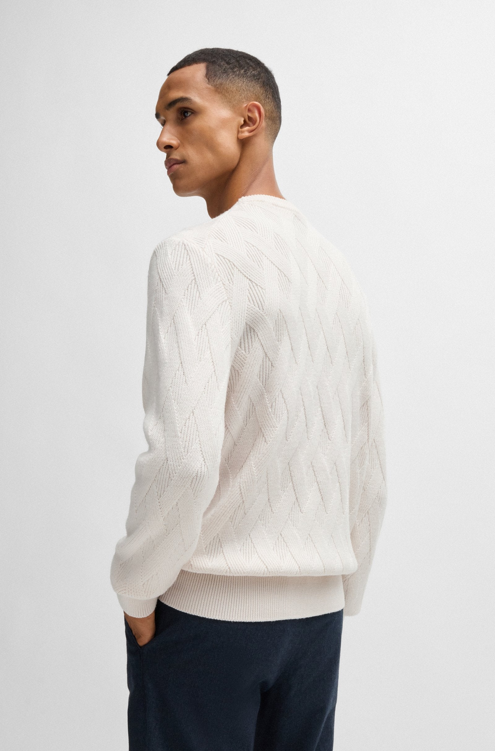 BOSS - H-ELFREDO Open White Virgin-Wool Regular-Fit Sweater With Knitted Structure 50526895 131