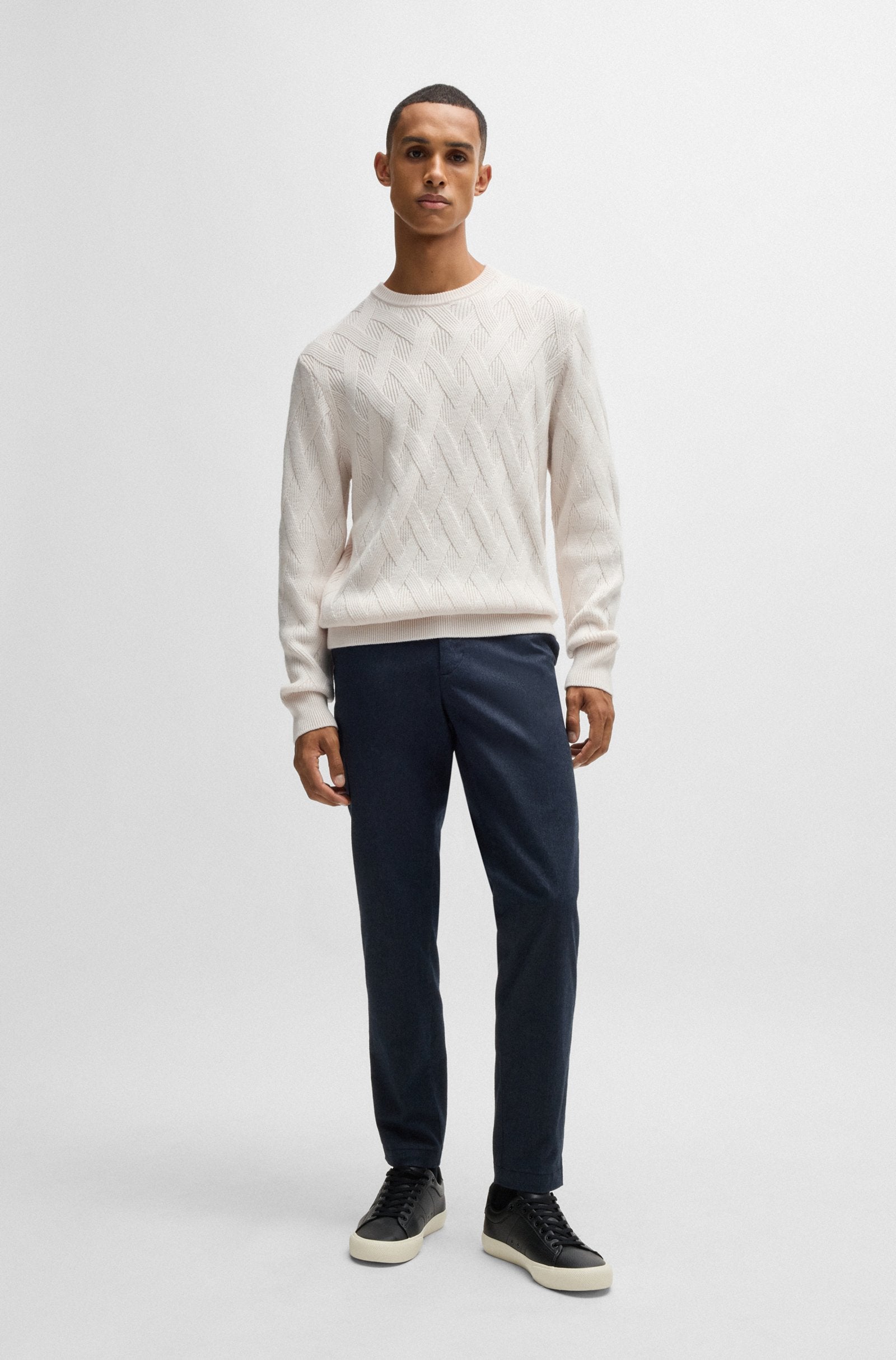 BOSS - H-ELFREDO Open White Virgin-Wool Regular-Fit Sweater With Knitted Structure 50526895 131