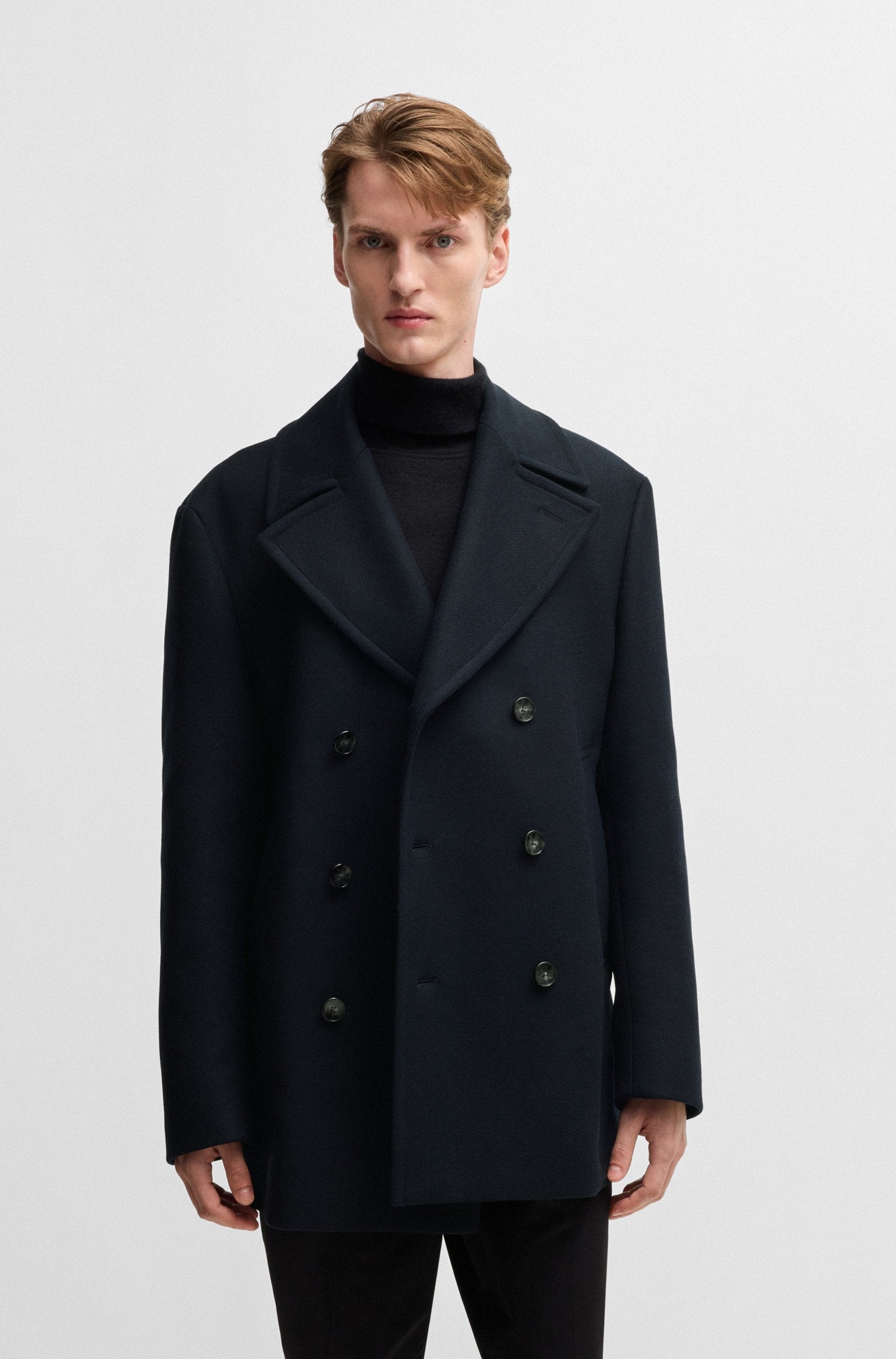 BOSS - H-CLAY Dark Blue Double-Breasted Pea-Coat In A Wool Blend 50527932 404