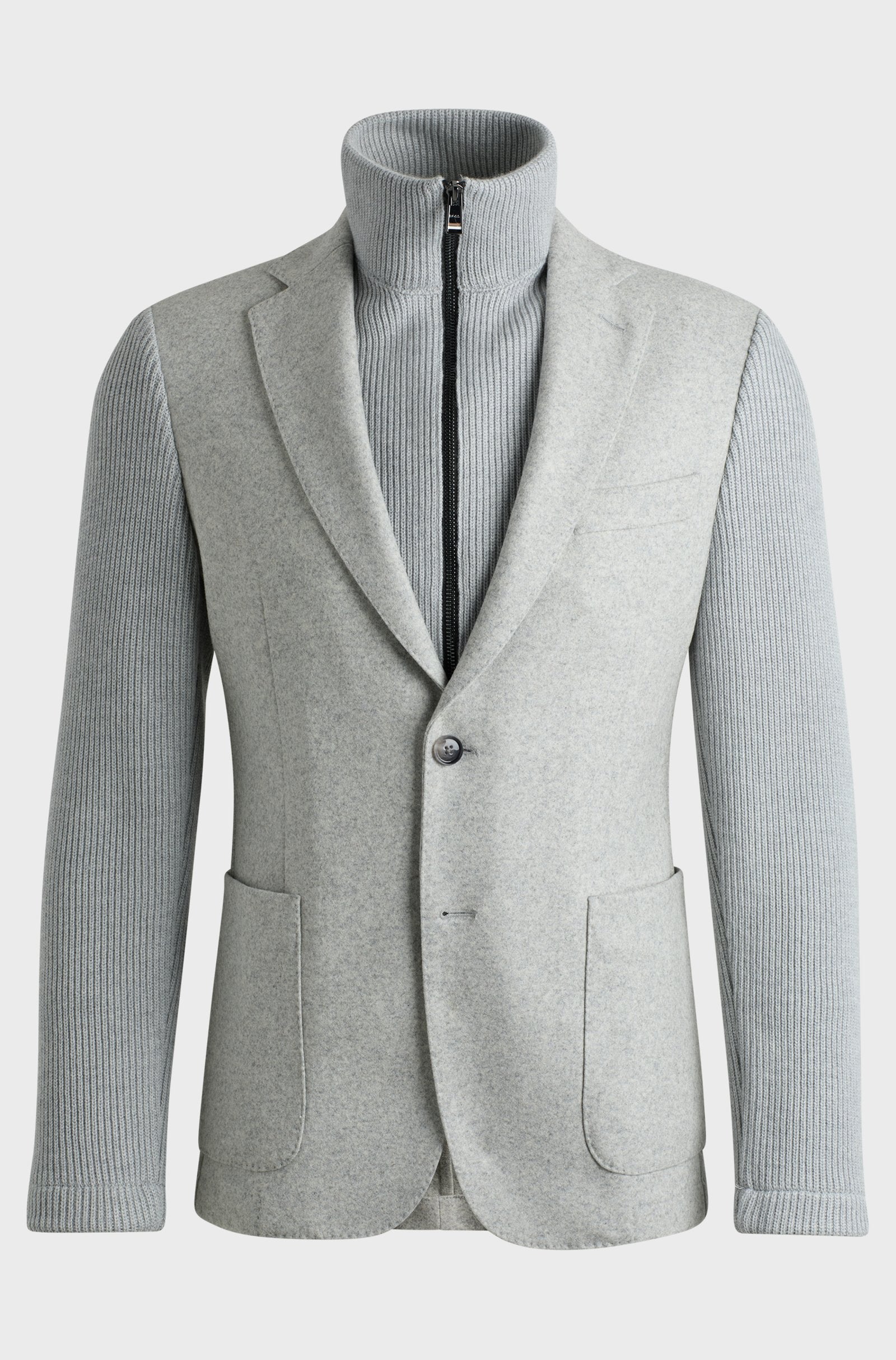 BOSS - C_HANRY-J-HYBRID-244 Silver Slim-Fit Jacket With Knitted Sleeves And Inlay 50528009 041