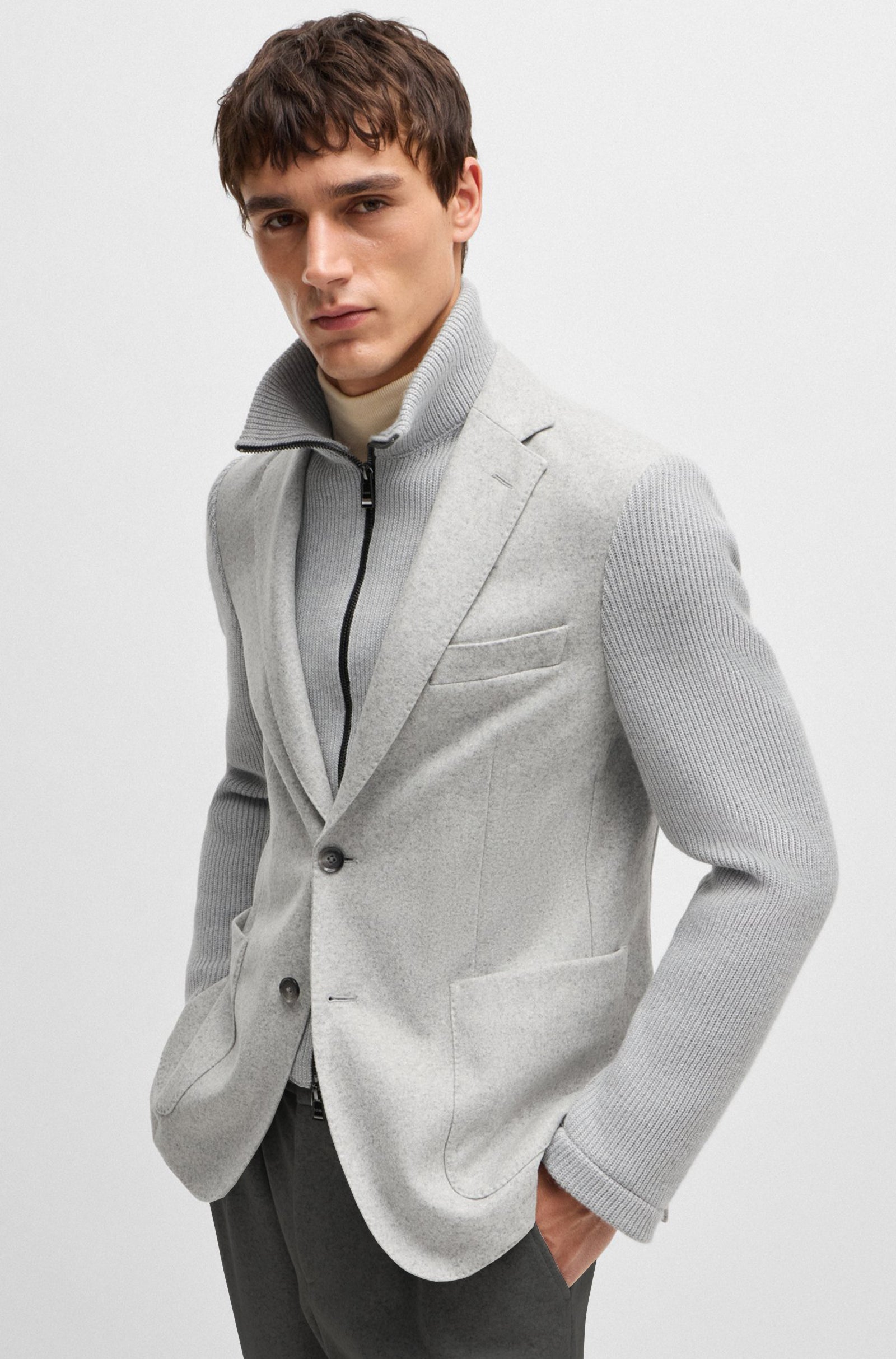 BOSS - C_HANRY-J-HYBRID-244 Silver Slim-Fit Jacket With Knitted Sleeves And Inlay 50528009 041