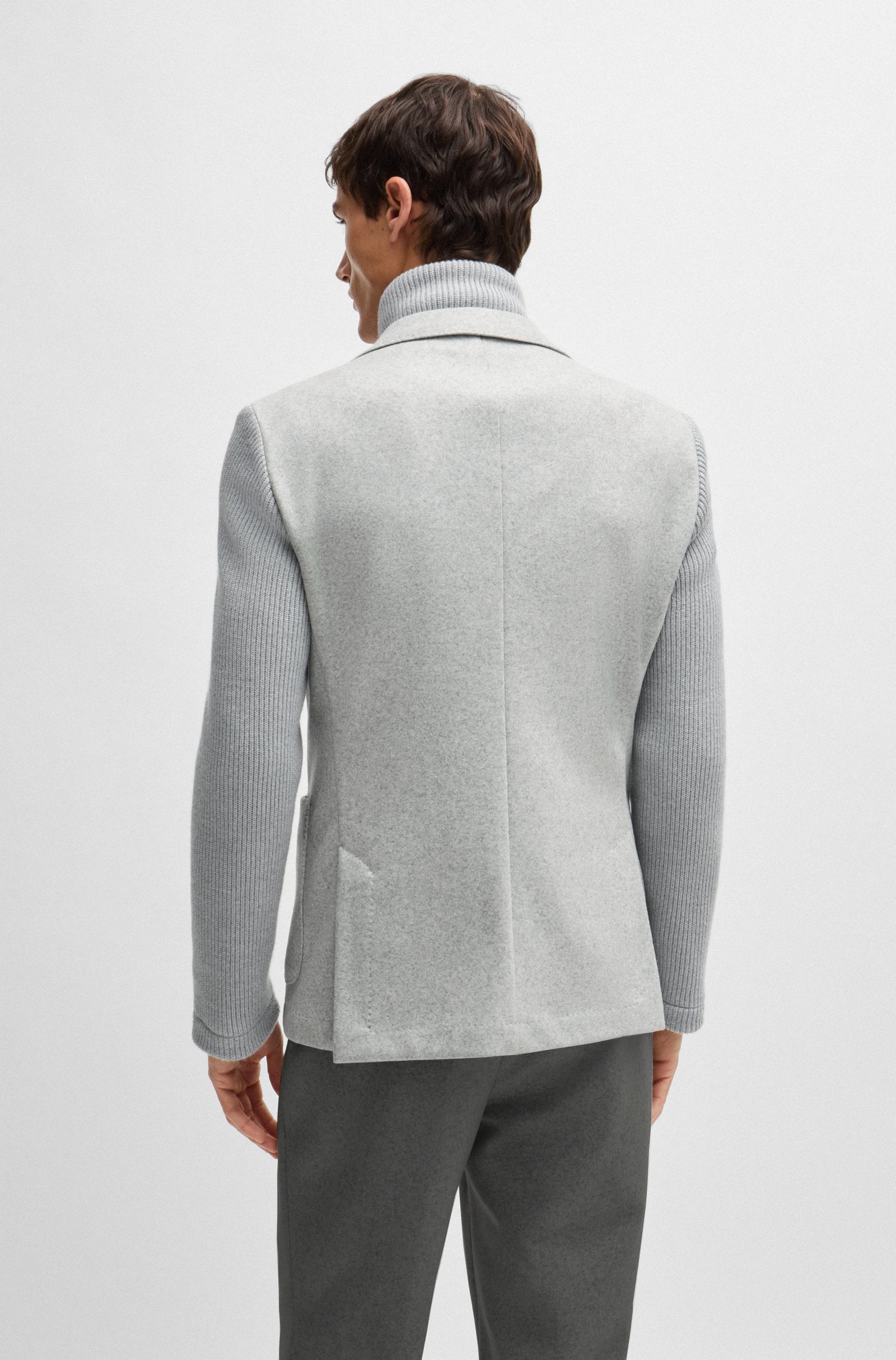 BOSS - C_HANRY-J-HYBRID-244 Silver Slim-Fit Jacket With Knitted Sleeves And Inlay 50528009 041