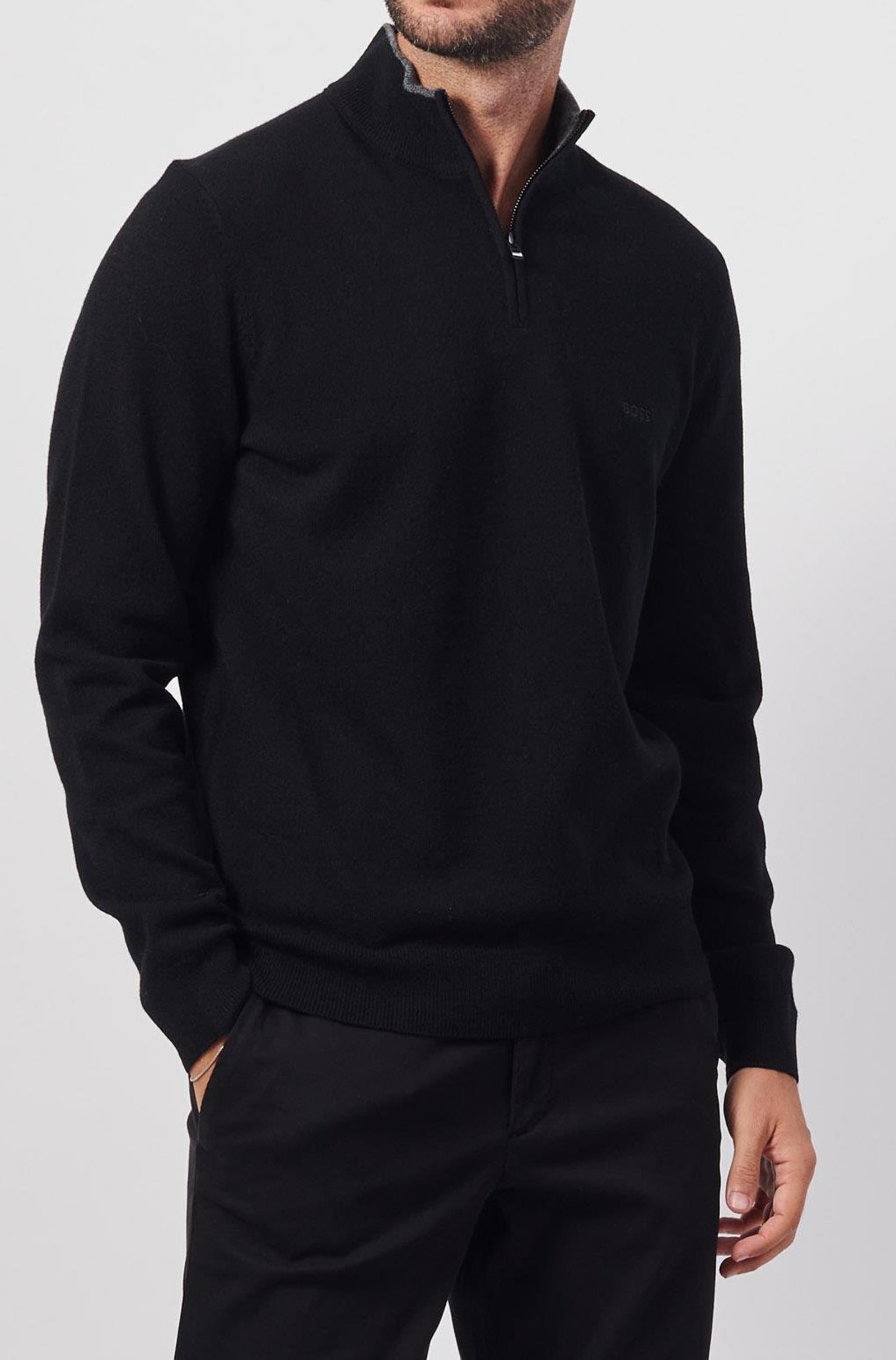 BOSS - EMARLO Black 1/4 Zip Sweater in Virgin Wool 50530314 001