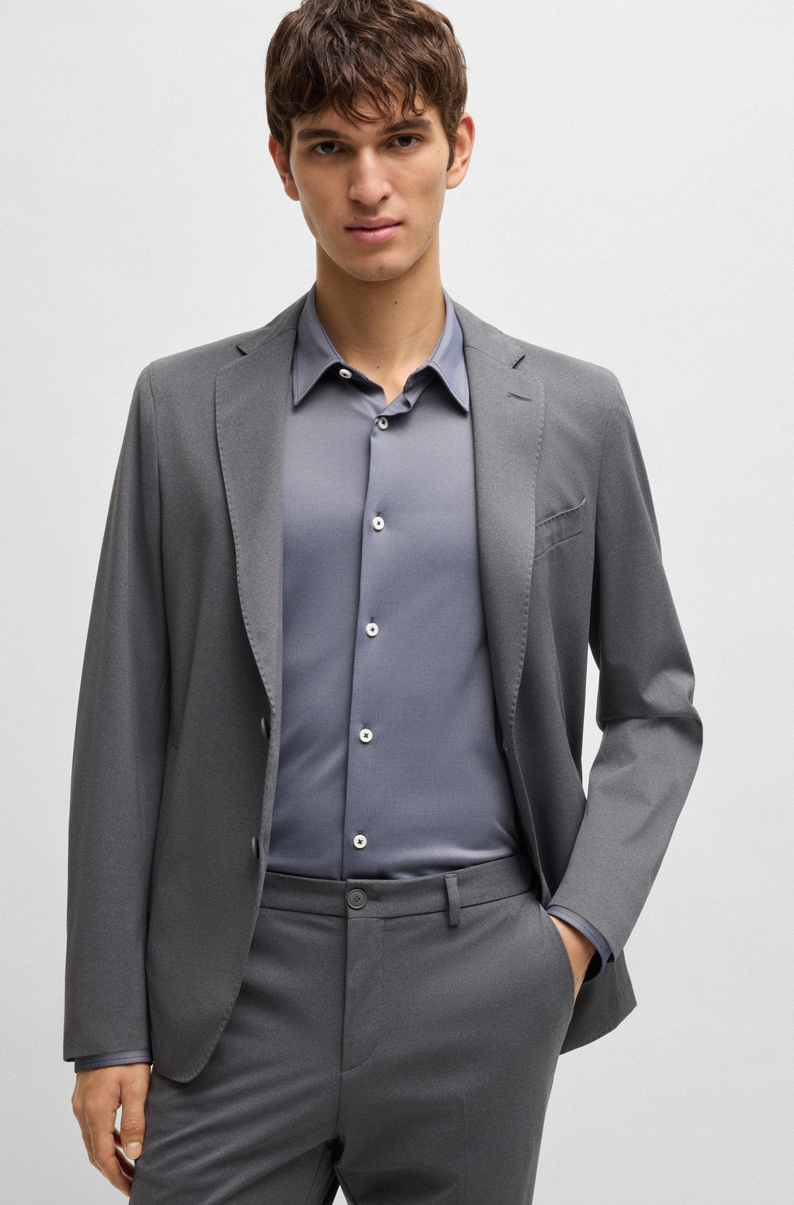 BOSS - P-ROAN-KENT Slim-Fit Shirt In Structured Stretch Fabric In Dark Blue 50533434 404