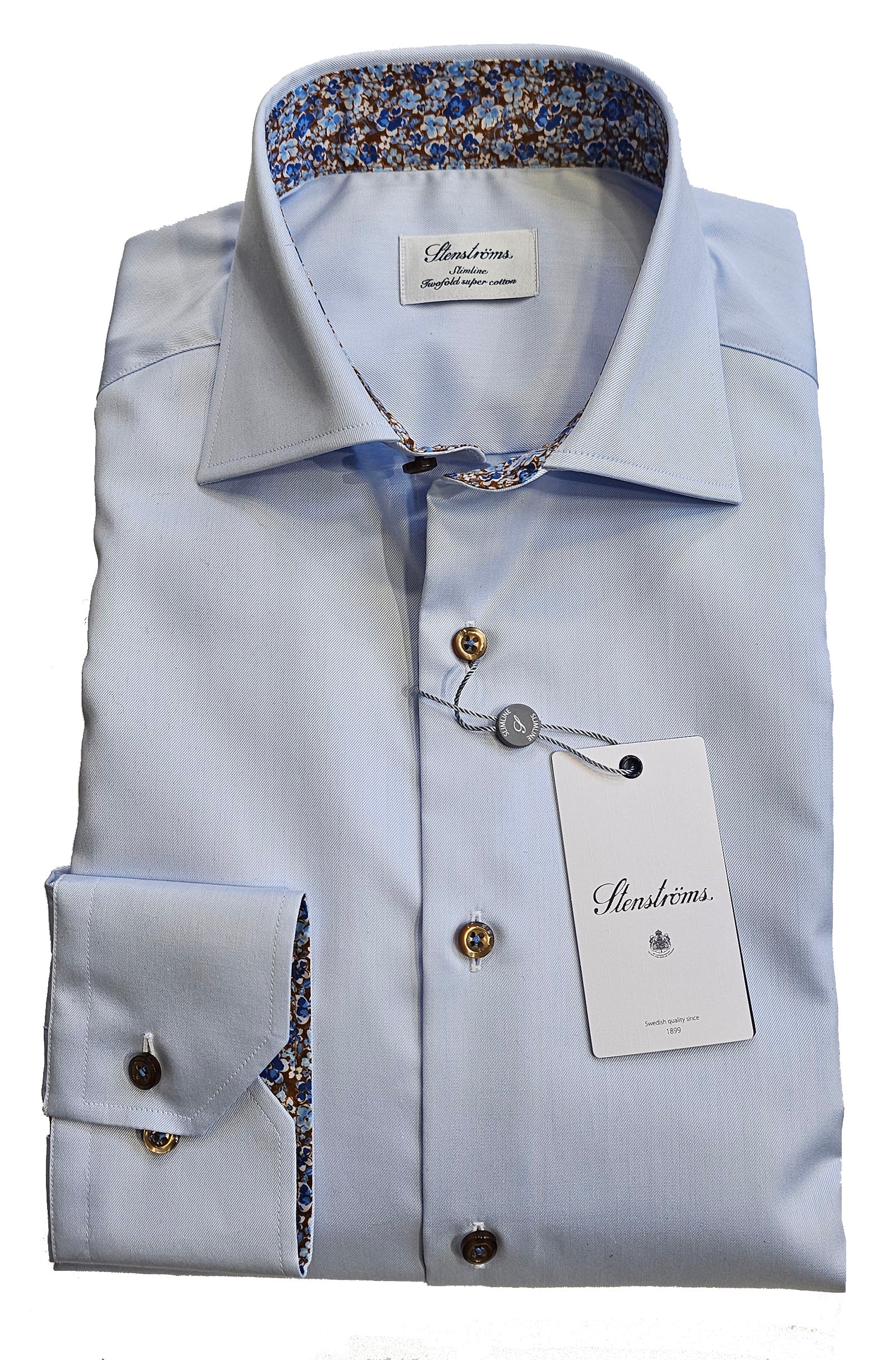 STENSTROMS - SLIMLINE Sky Blue Contrast Details Twill Shirt 7847510573100