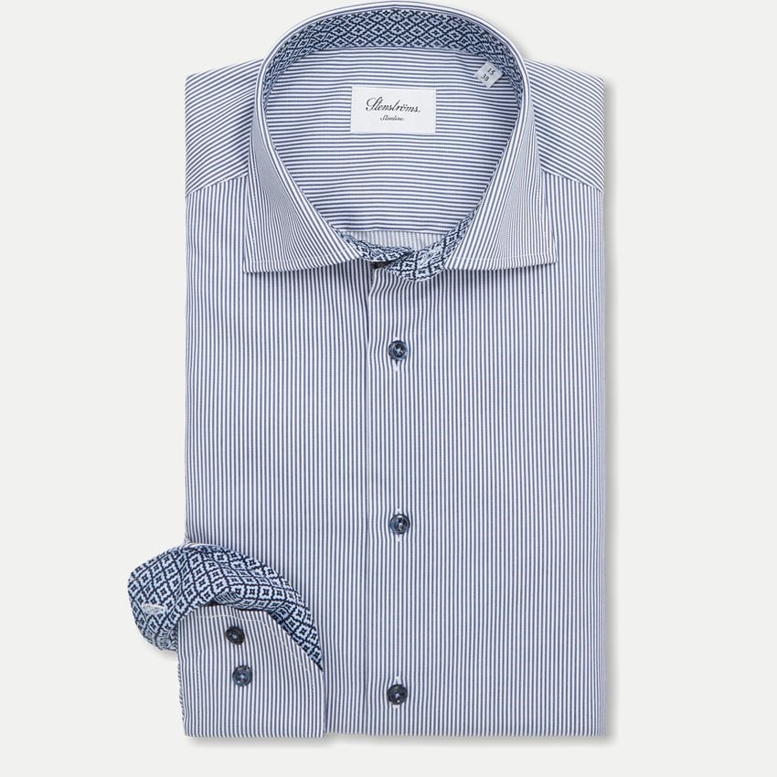 STENSTROMS - SLIMLINE Dark Blue Striped Shirt with Contrast Collar 7847511734122