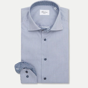 STENSTROMS - SLIMLINE Dark Blue Striped Shirt with Contrast Collar 7847511734122