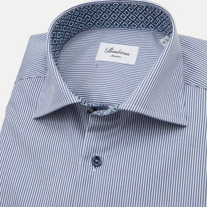 STENSTROMS - SLIMLINE Dark Blue Striped Shirt with Contrast Collar 7847511734122