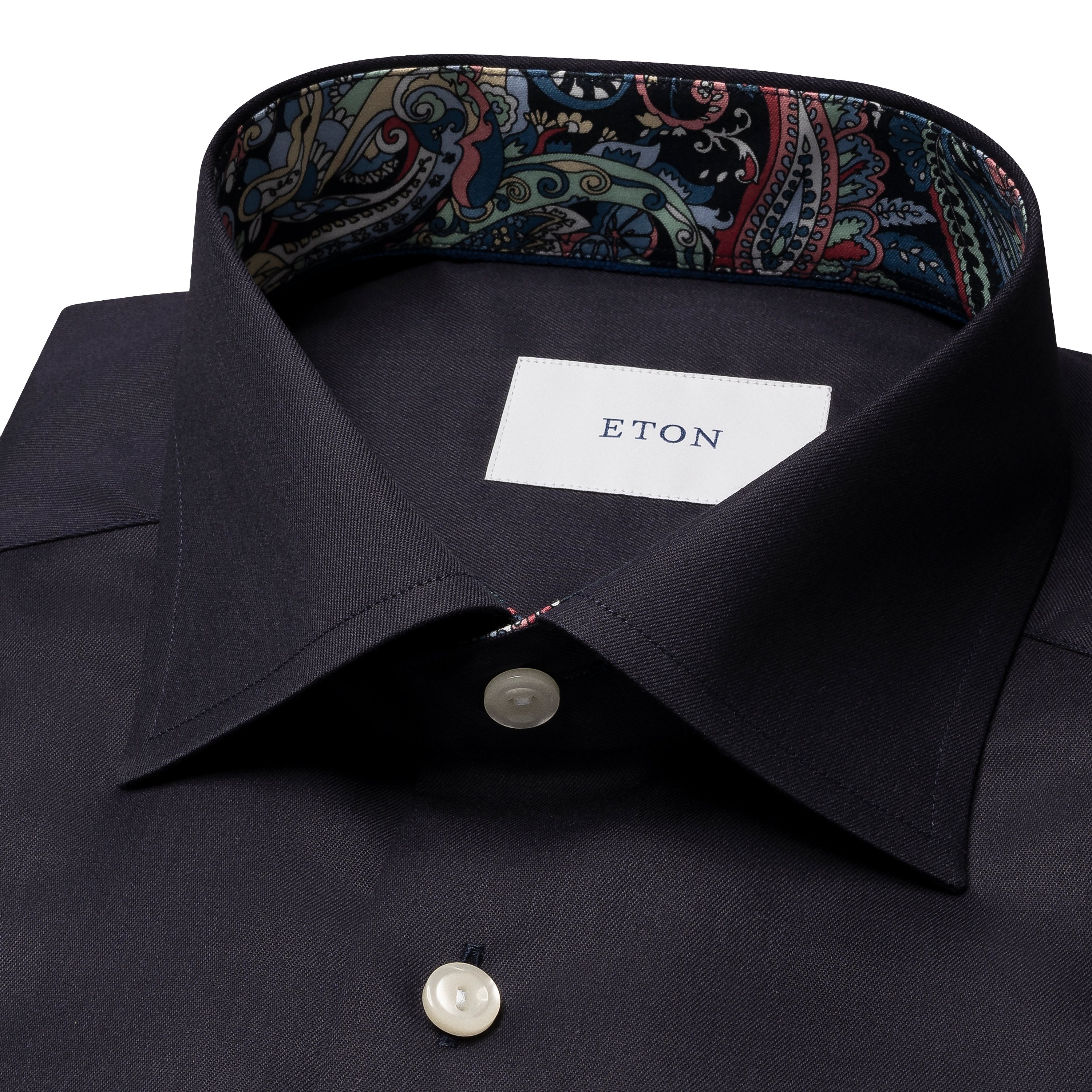 ETON - SLIM FIT Solid Signature Twill Shirt With Paisley Trim in Navy Blue 10001317829