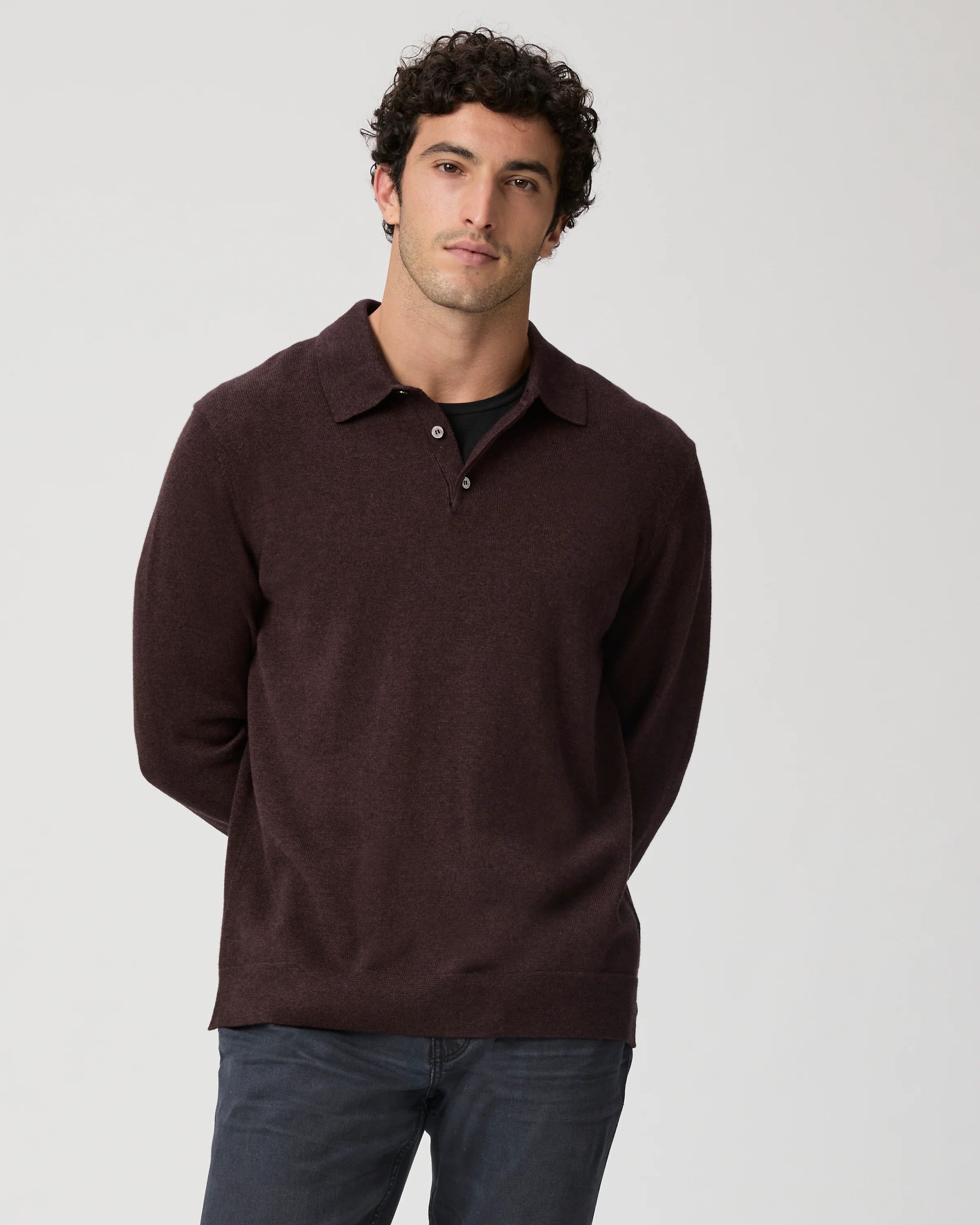 PAIGE - FINSBURY Knitted Long Sleeve Polo in HEATHERED BORDEAUX M276O55-C022