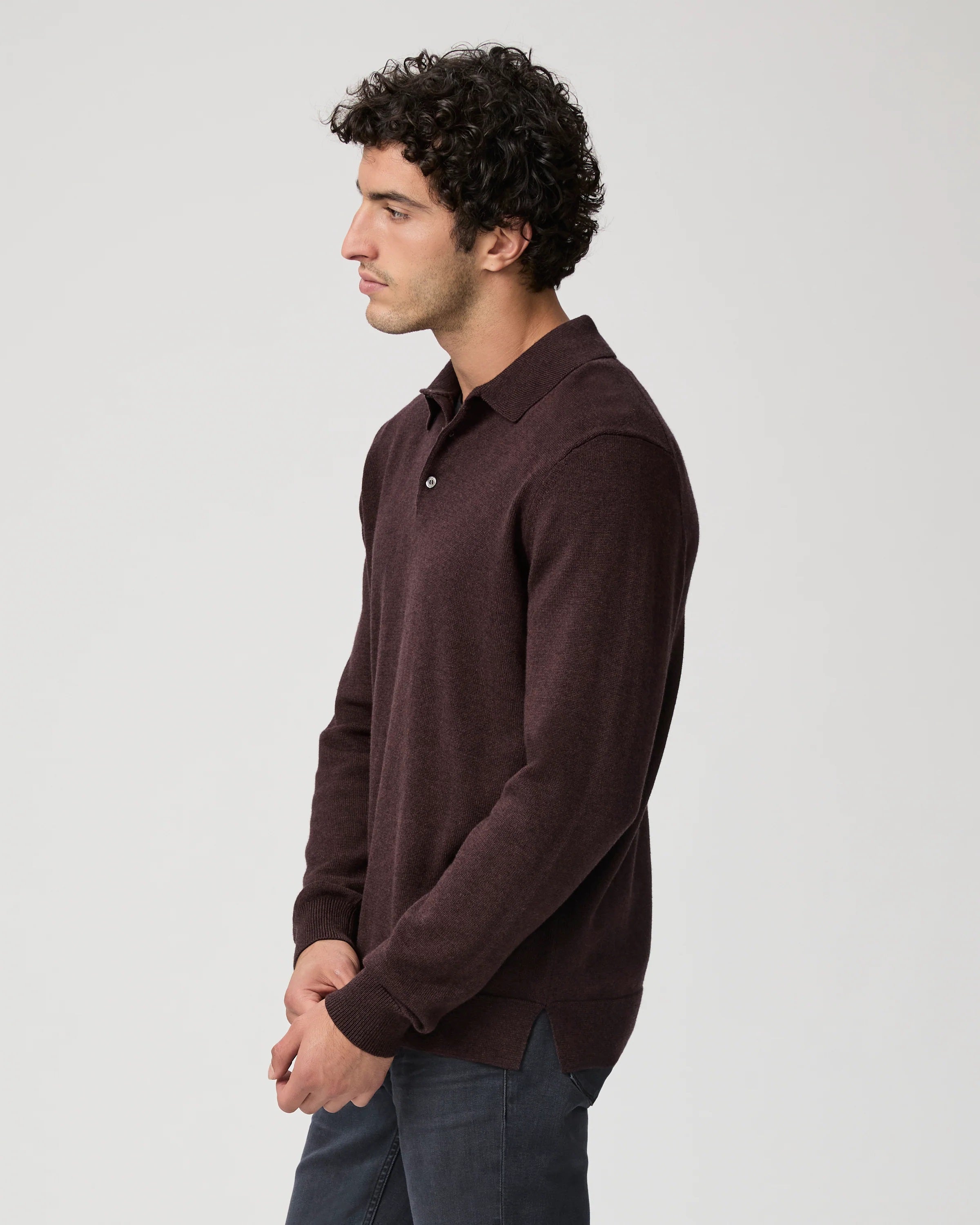 PAIGE - FINSBURY Knitted Long Sleeve Polo in HEATHERED BORDEAUX M276O55-C022