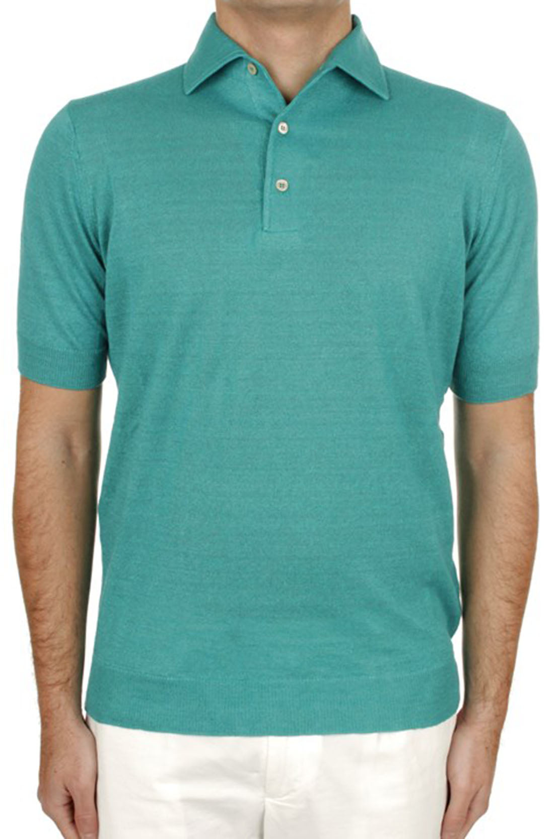 FILIPPO DE LAURENTIIS - Turquoise Knitted Linen and Cotton Blend Polo Shirt