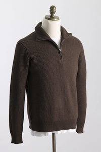 FILIPPO DE LAURENTIIS - Chocolate Brown Wool & Cashmere 1/4 Zip Neck Chunky Ribbed Knit MZ3MLWC7P 289