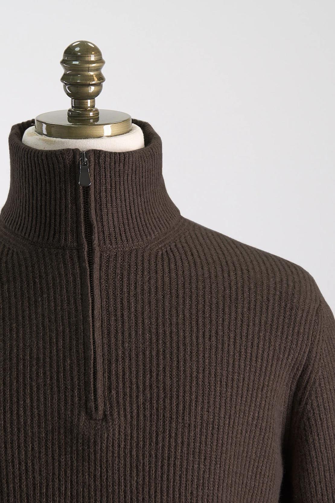 FILIPPO DE LAURENTIIS - Chocolate Brown Wool & Cashmere 1/4 Zip Neck Chunky Ribbed Knit MZ3MLWC7P 289