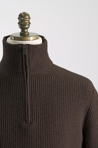 FILIPPO DE LAURENTIIS - Chocolate Brown Wool & Cashmere 1/4 Zip Neck Chunky Ribbed Knit MZ3MLWC7P 289