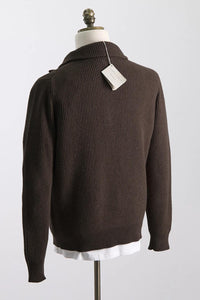 FILIPPO DE LAURENTIIS - Chocolate Brown Wool & Cashmere 1/4 Zip Neck Chunky Ribbed Knit MZ3MLWC7P 289