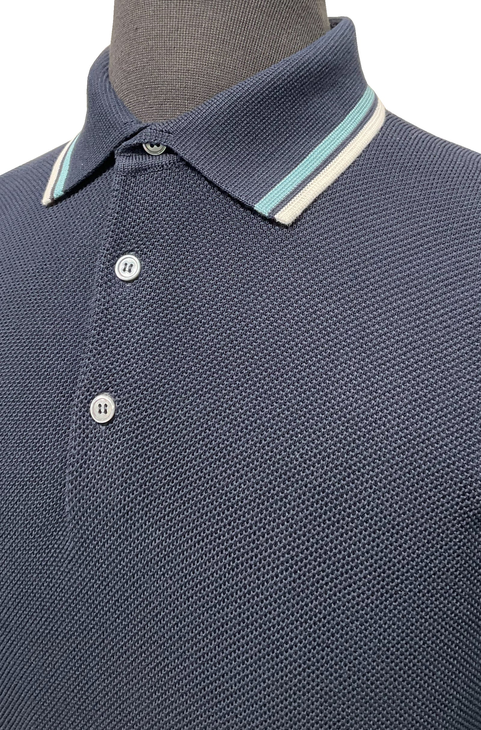 FILIPPO DE LAURENTIIS - Navy Knitted Polo Shirt in Lightweight Crepe Cotton With Trim Detail