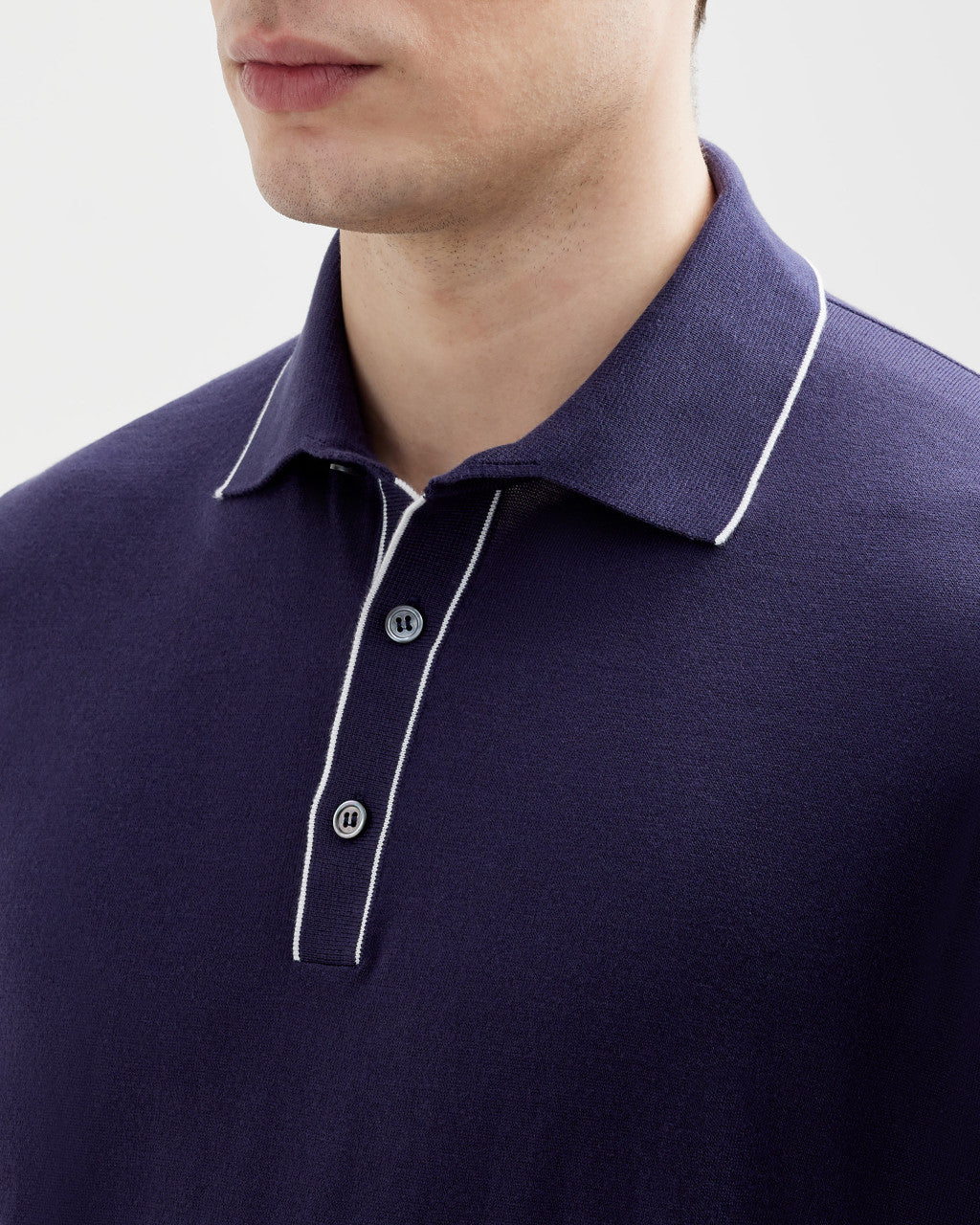 FILIPPO DE LAURENTIIS - Navy Blue Knitted Polo Shirt With Trim In Supe ...