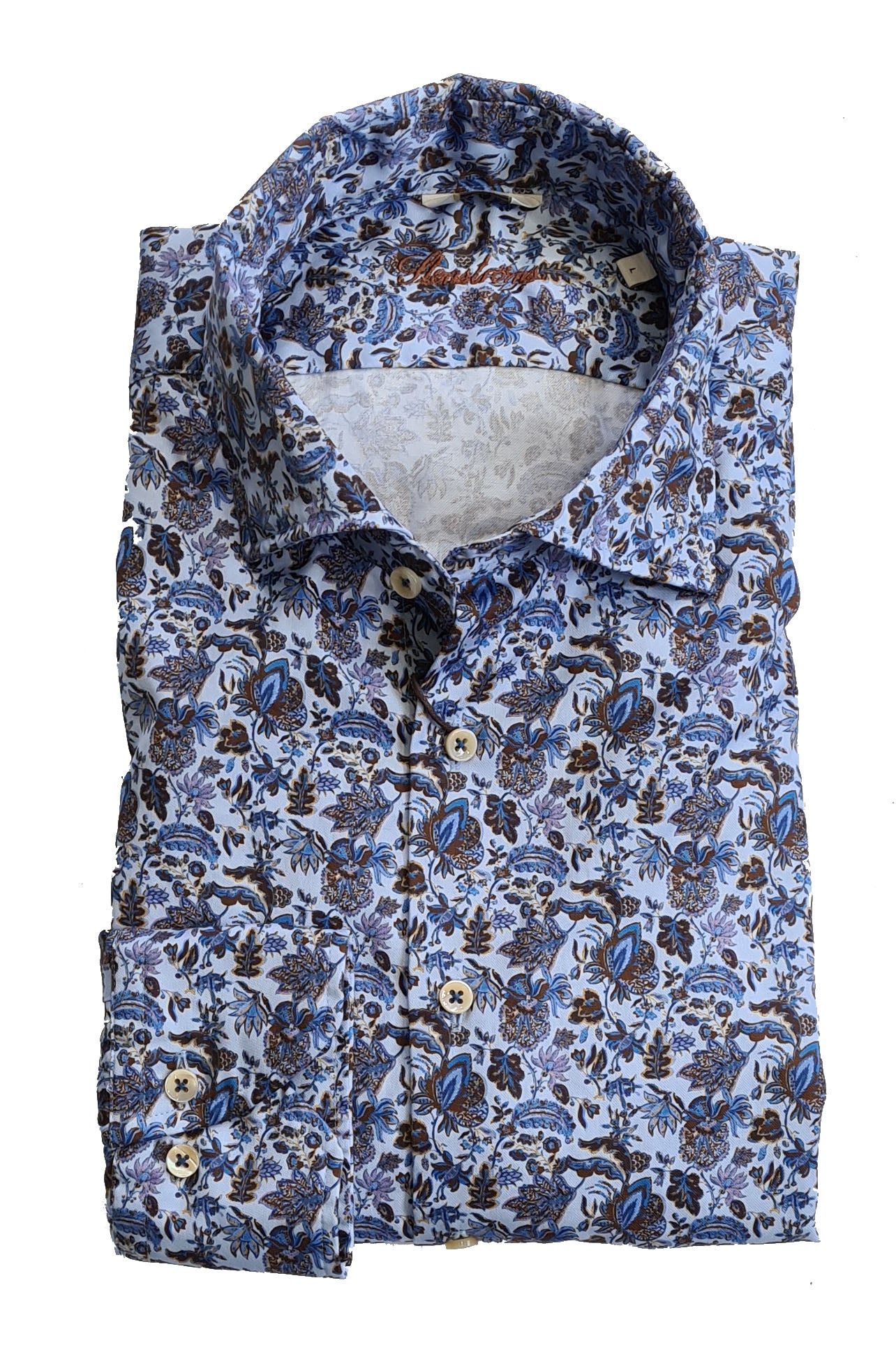 STENSTROMS - Blue Leaf Patterned Slimline Soft Cotton Shirt 7759218281111